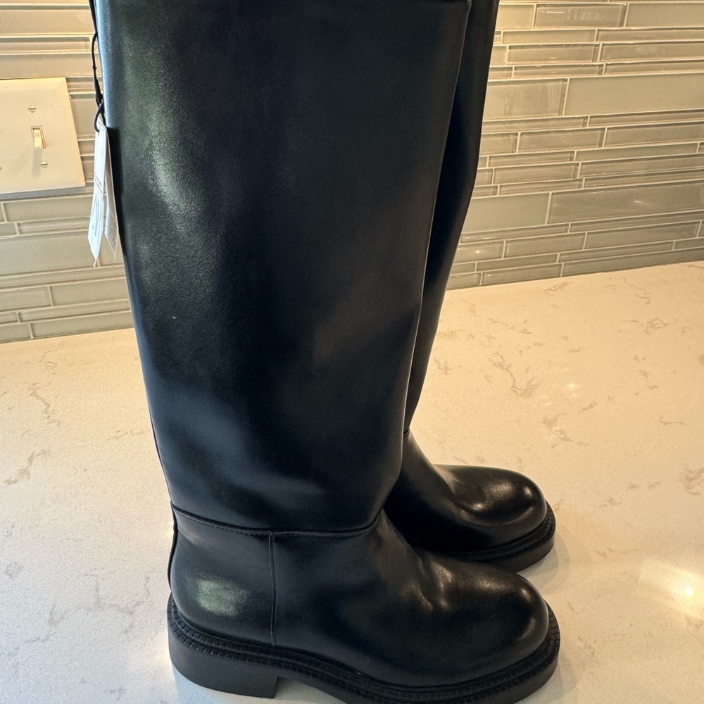 NWT Zara Black Knee-High Leather Boots